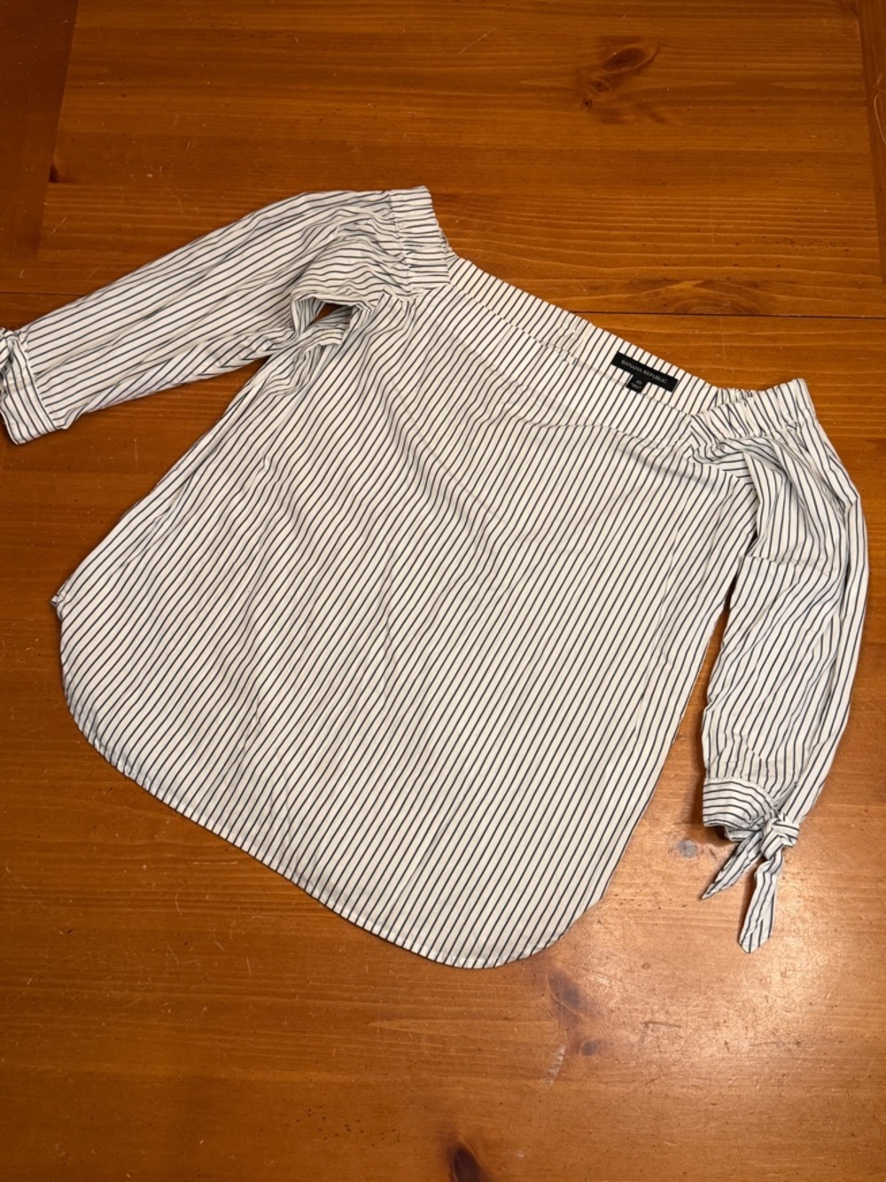 Banana Republic White and Black Pinstripe Off-Shoulder Blouse